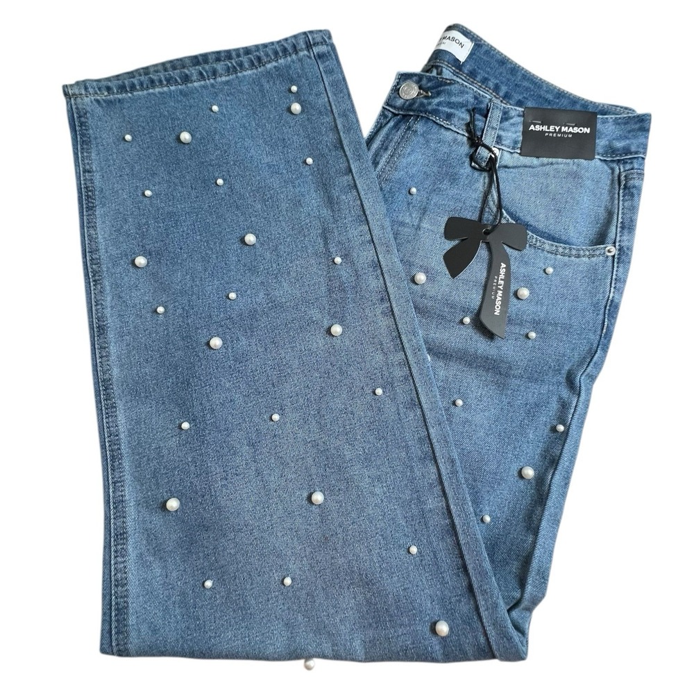 New Ashley Mason Womens 13/31 Pearl Studded Mid Rise Relaxed Straight Leg Jeans
